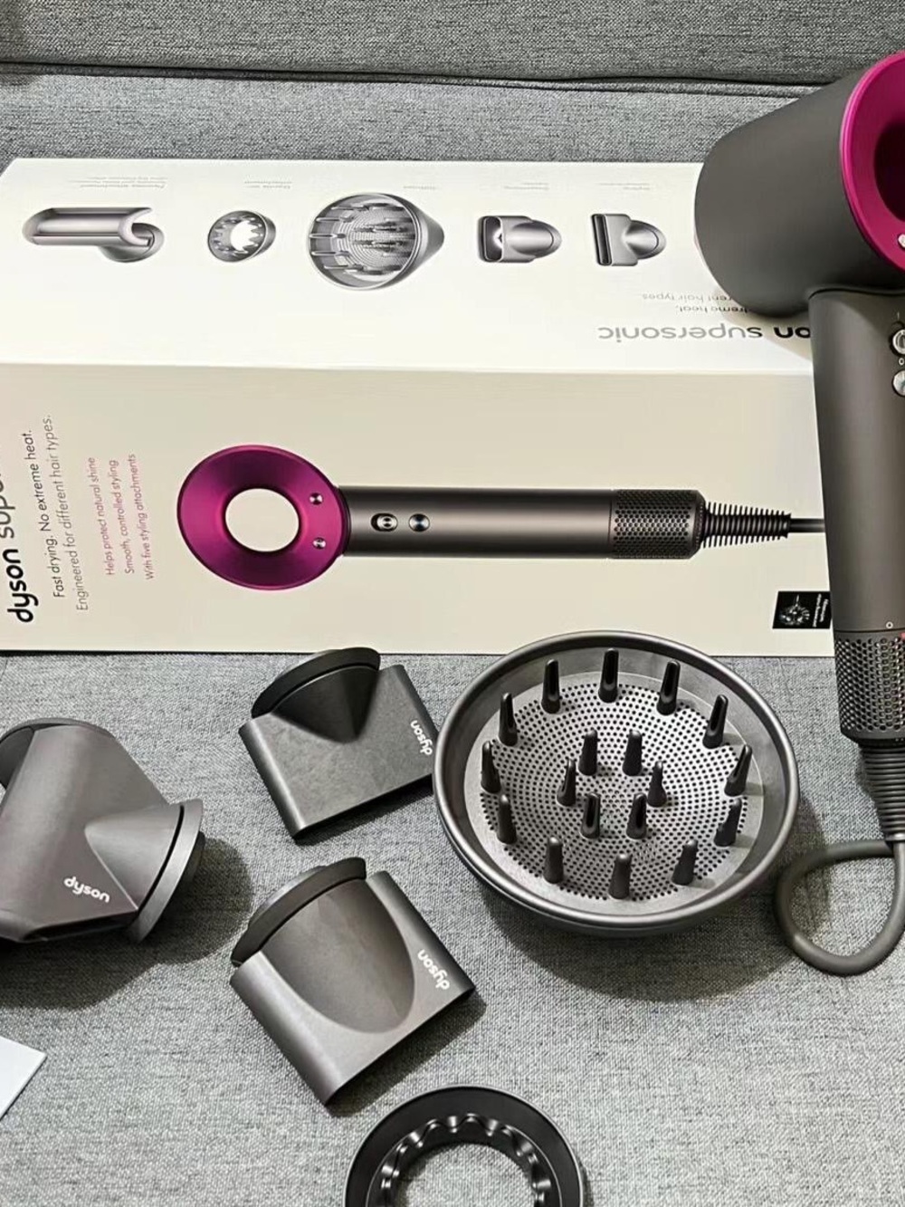 Dyson Supersonic Hair Dryer in Fuchsia and Gunmetal with Attachments
